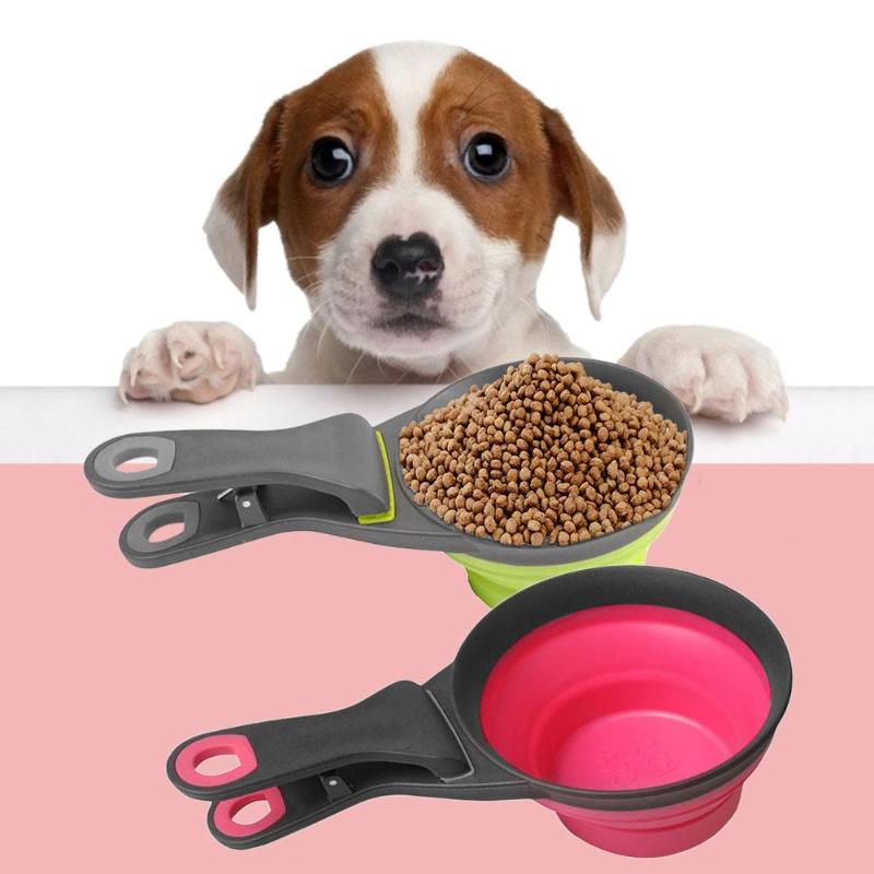 Pet Cat Dog Food Feeder Spoon Folding Sealing Clip Measuring Cup Scoop Silicone Dog Bowl Food Storage Pet Supplies Dropshipping